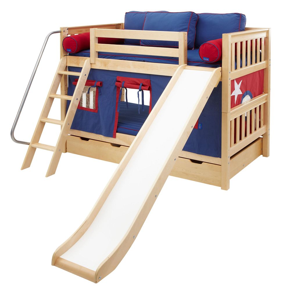 Maxtrix儿童双人床，有倾斜的梯子和滑梯
