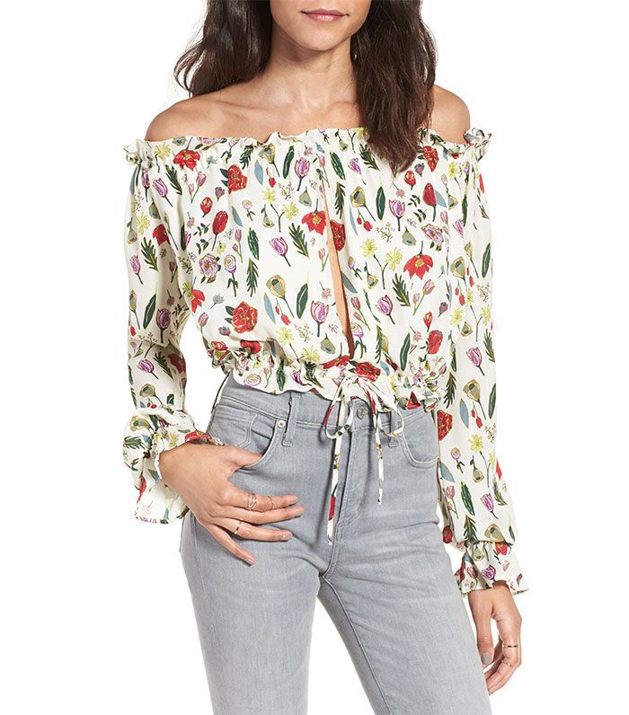 女子冰冷如石福克斯萨沃纳过肩丝绸上衣