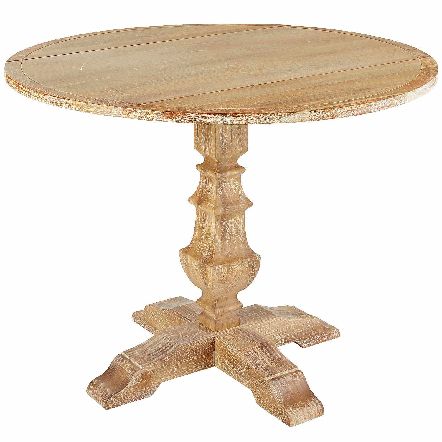 一张圆圆的落叶木桌，带有雕花的瓮形底座和四条张开的腿。