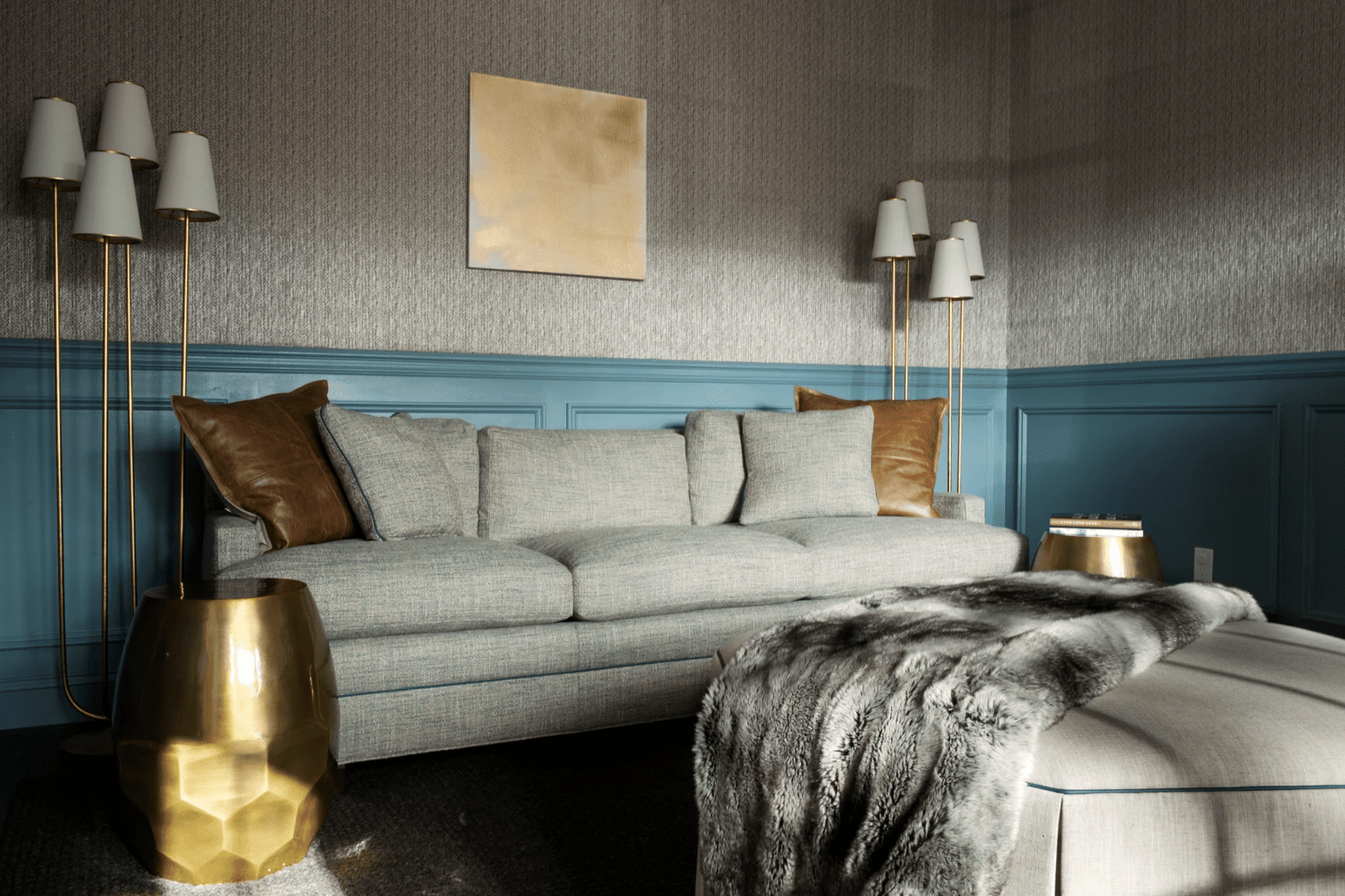 best living room ideas - blue wainscoting and wallpaper