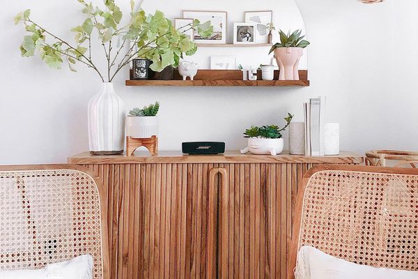 藤椅和摆满植物的桌子。