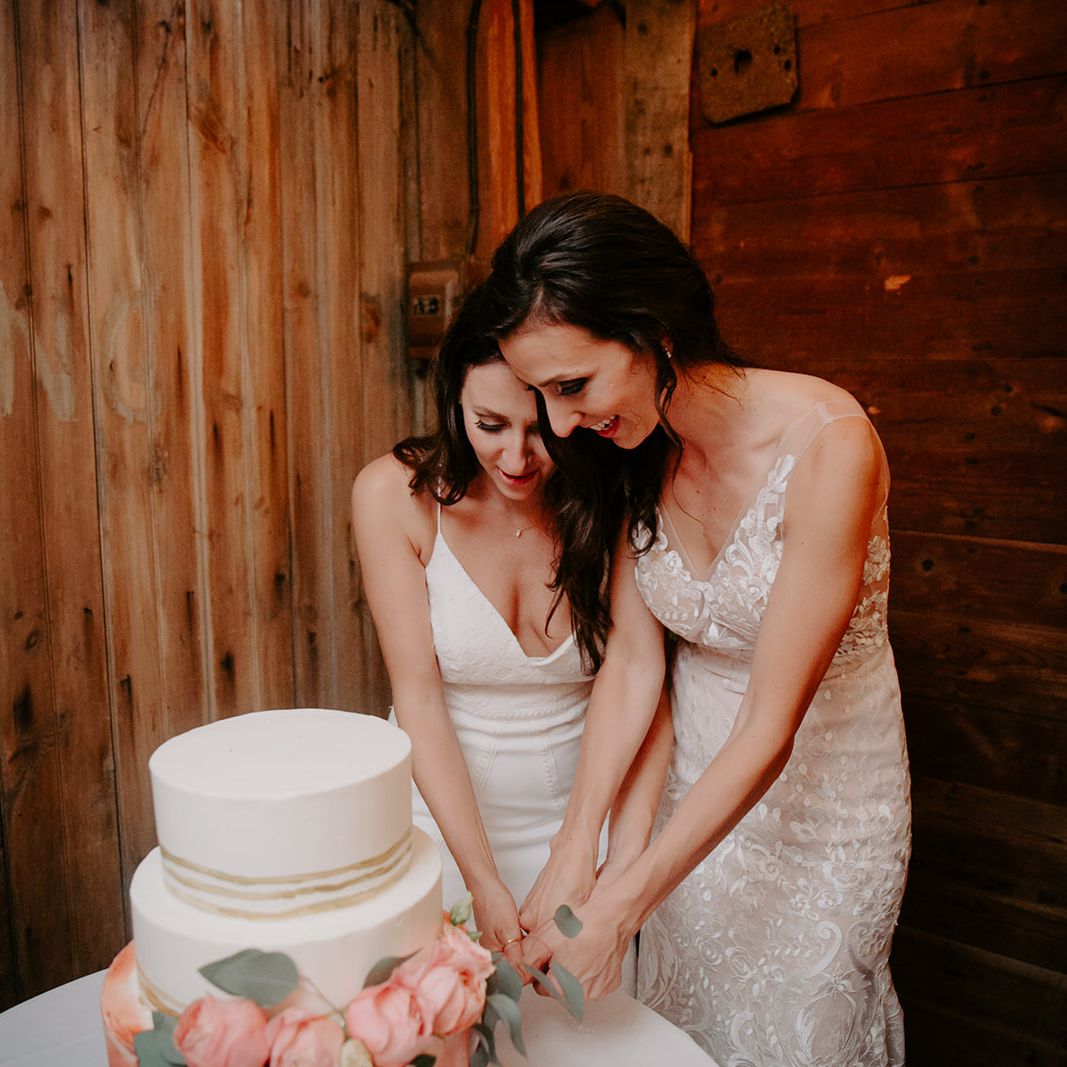 Two brides cutting their wedding cake.