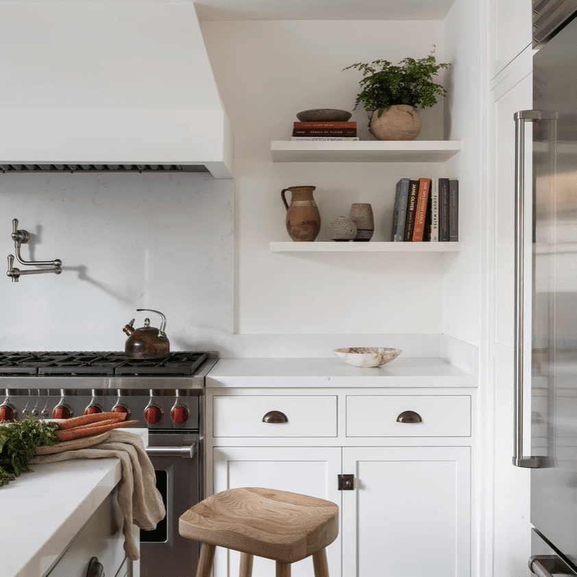 有砖红色铺磁砖地板的白色厨房