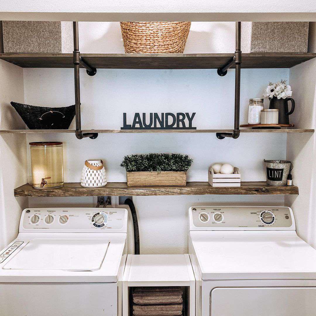 Laundry room with modern shelves