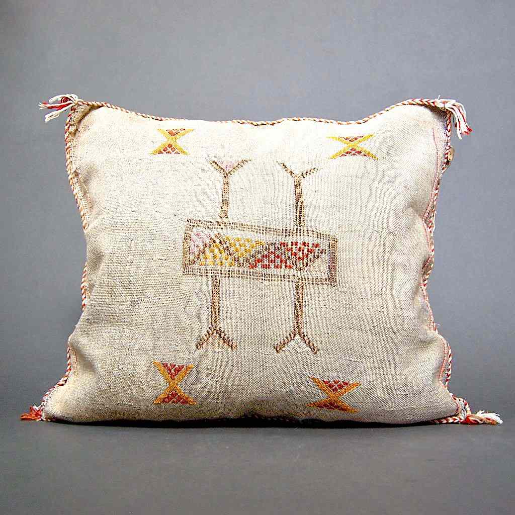 一间摩洛哥萨布拉仙人掌丝绸抱枕与精致刺绣。