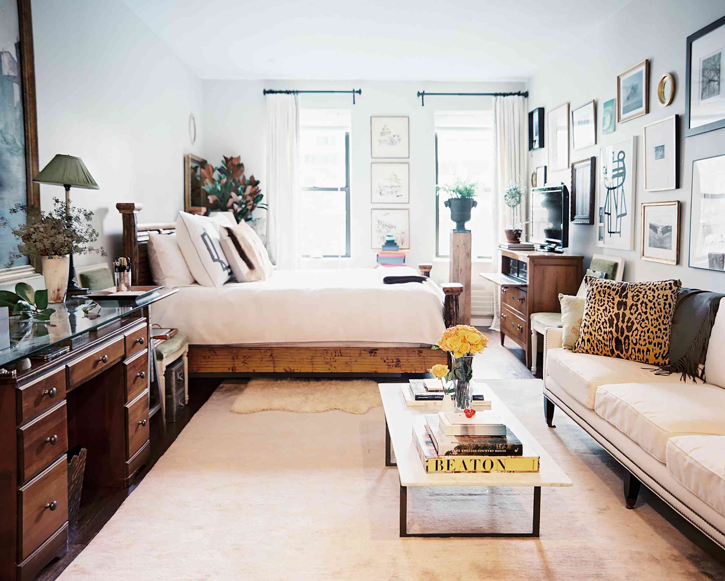 公寓卧室，带有自然光和生活区