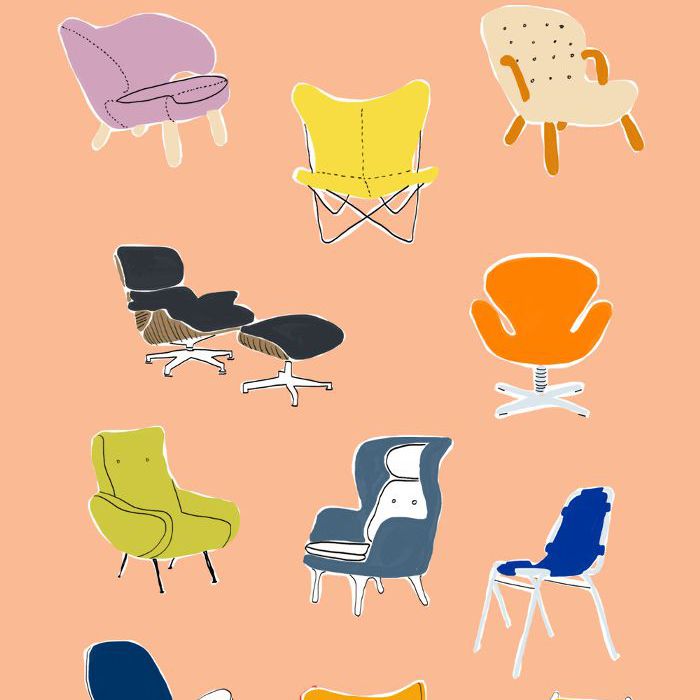 一个垂直的手绘插图的19个最具代表性的椅子在历史上与桃的背景。