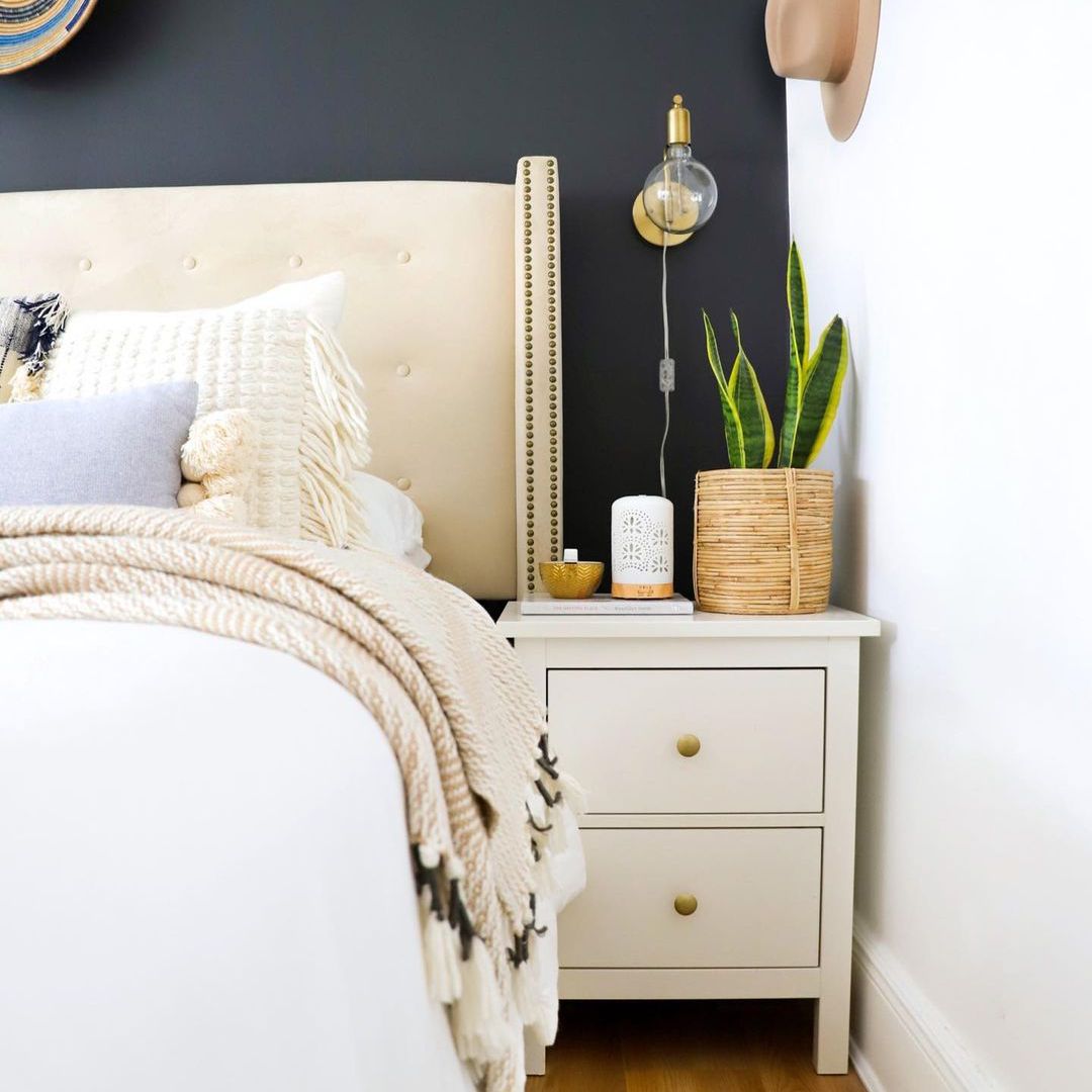 中立Boho卧室有夜间的蛇植物。