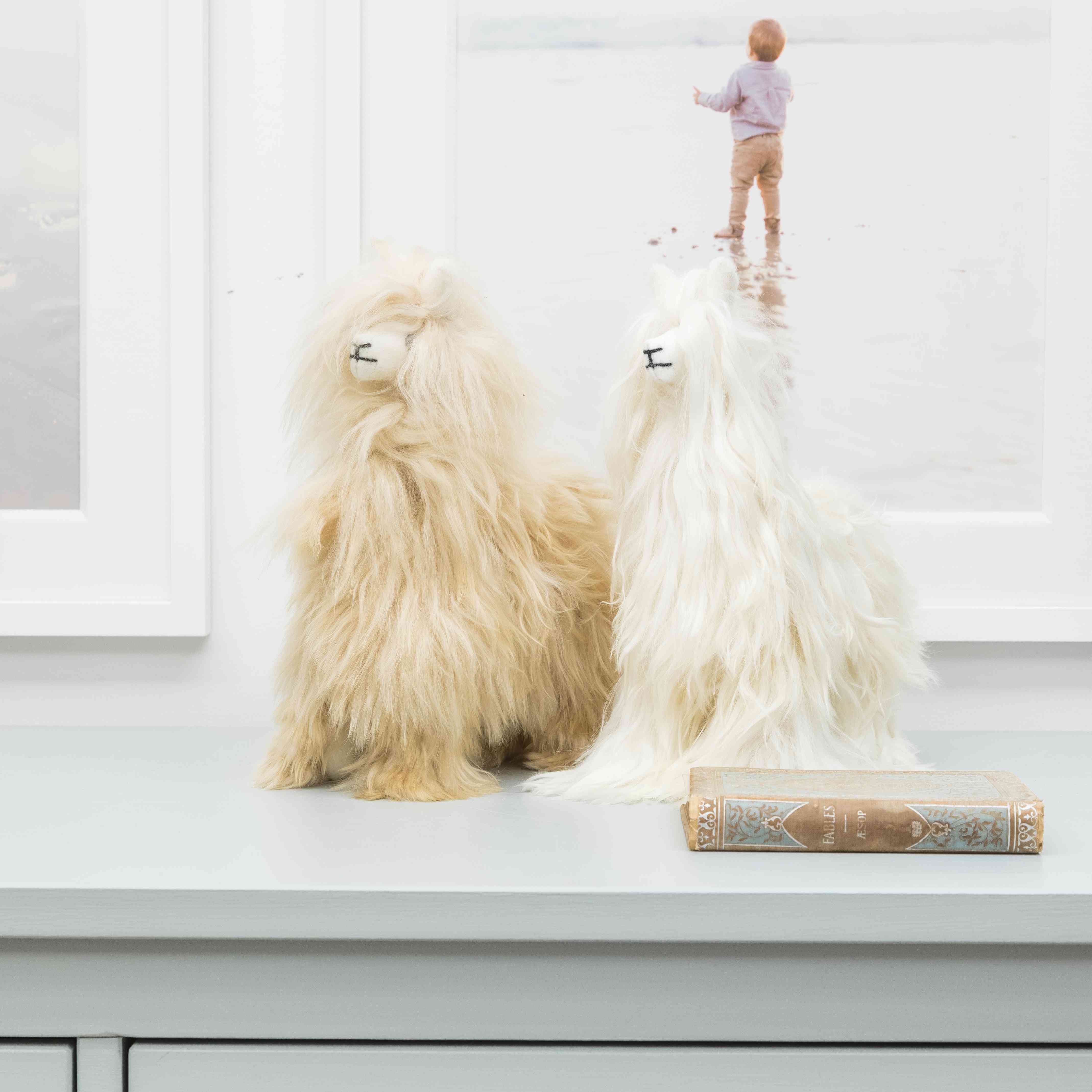 梳妆台上有两只羊驼毛绒玩具。