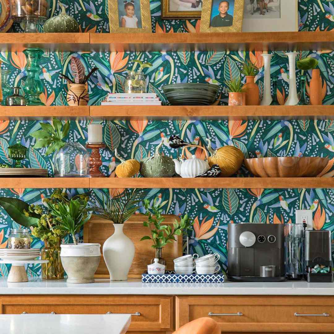 Wallpapered shelves