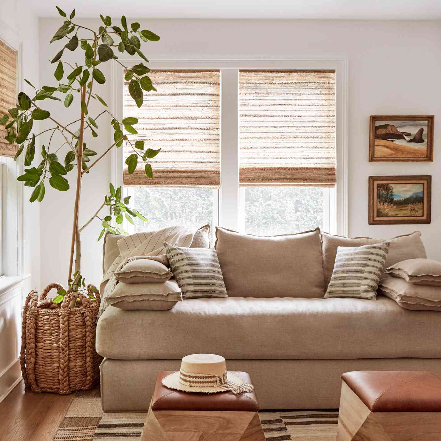 一个装满杏仁和棕色家具的起居室