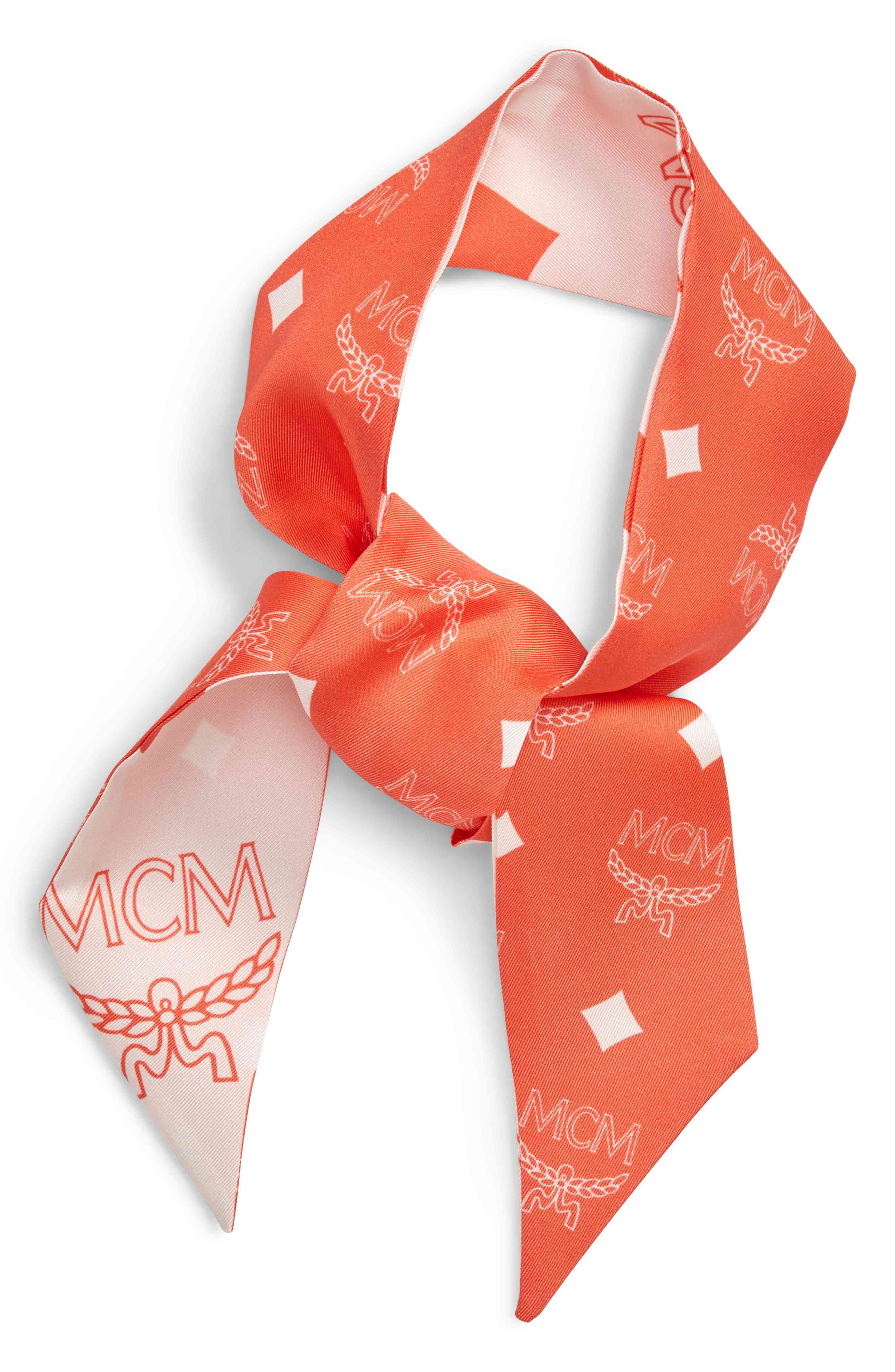 MCM标志印花真丝围巾瘦，主，颜色，HOT CORAL细节及CARE MCM标志性的字母组合打印借给复古别致的风格柔软，纤细的丝斜纹丝巾。34 1/4