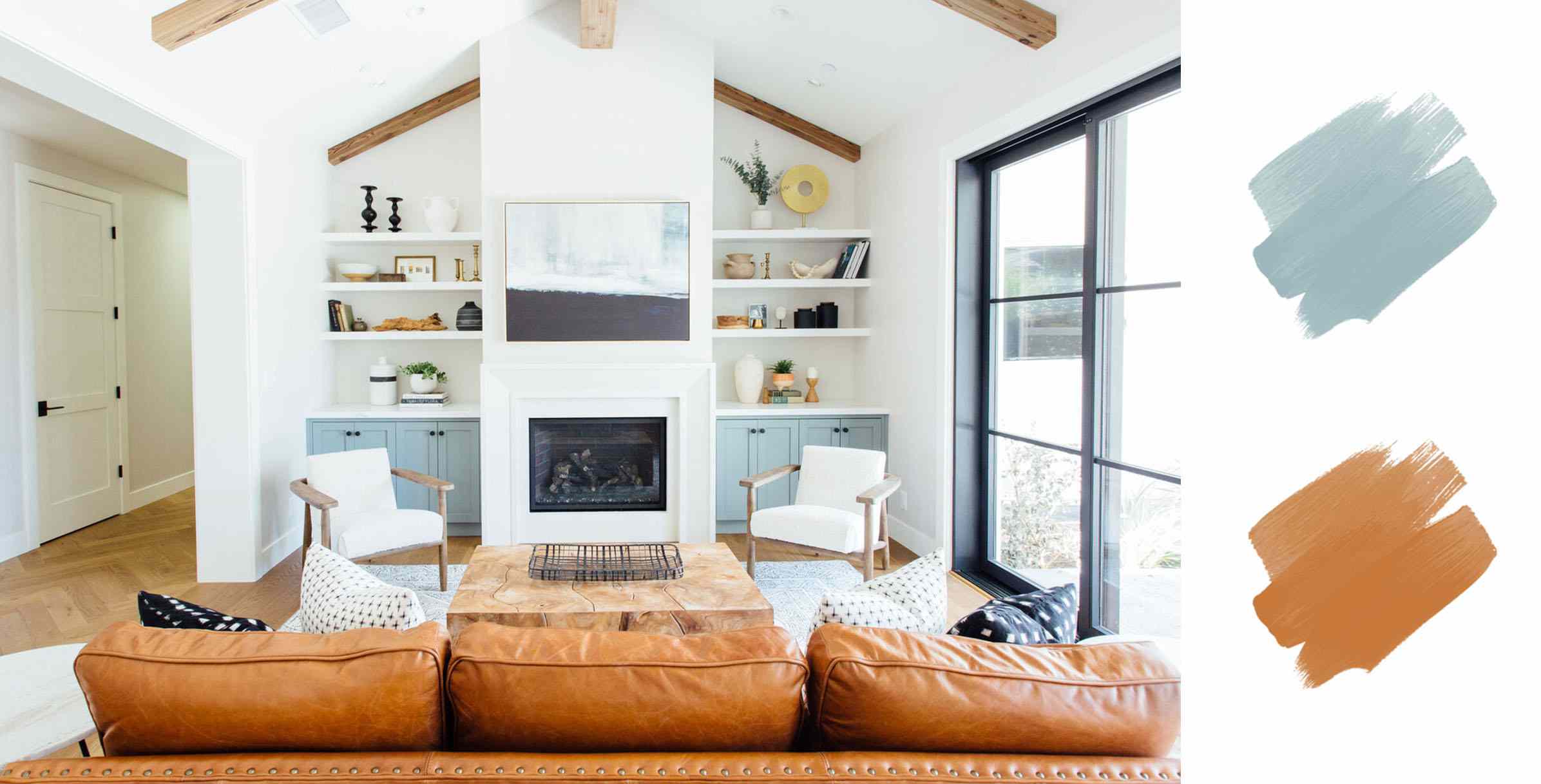 最好的大地色调调色板-海蓝色和棕色客厅