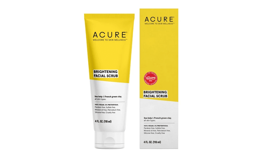 一管黄色和白色的Acure亮白磨砂膏。