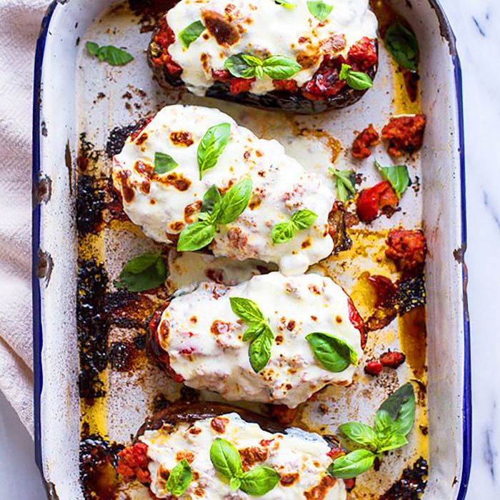 烤蒜茄子烤宽面条船