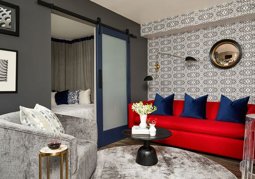 duke ellington home tour - living room and bedroom with patterned wallpaper