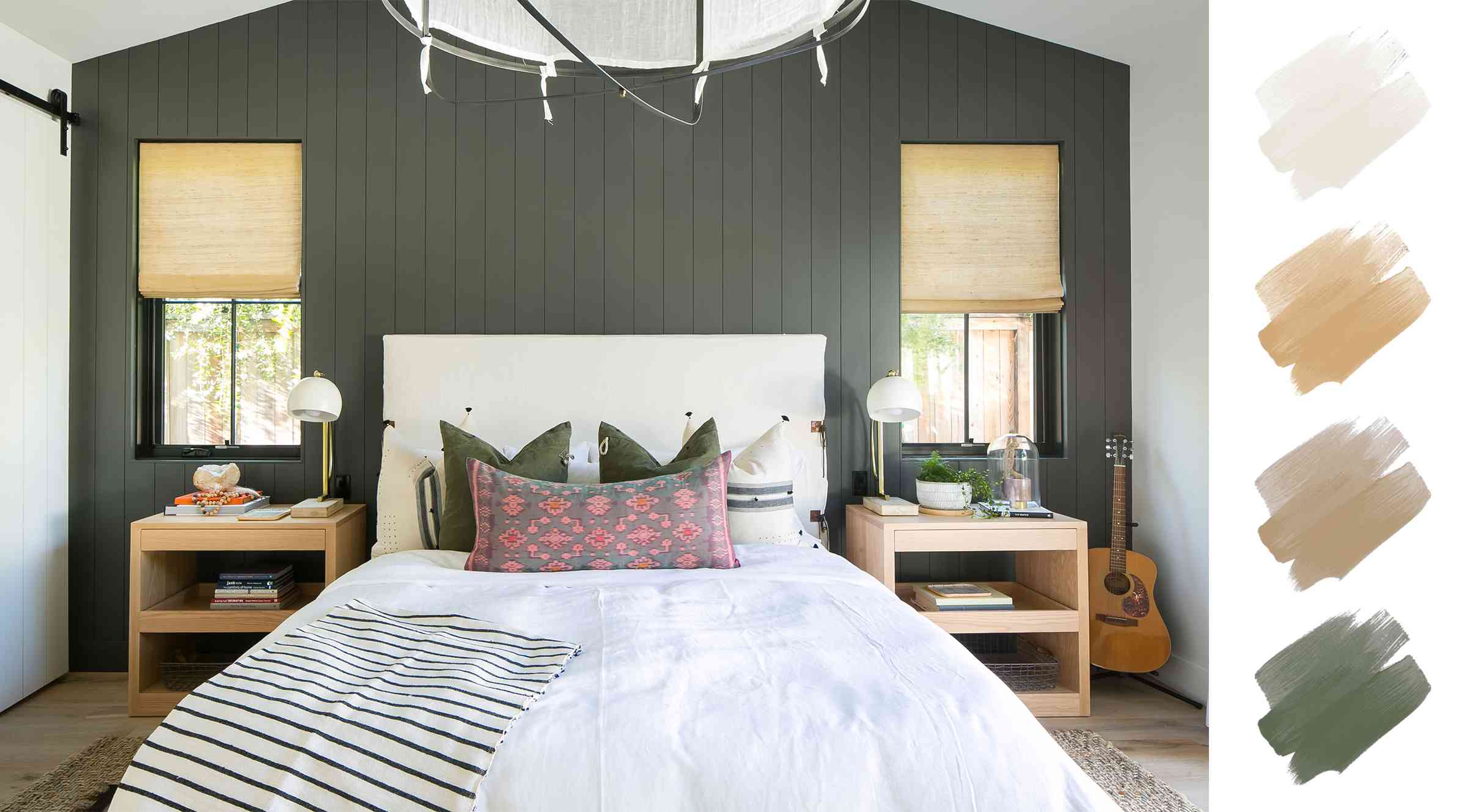 凉爽的调色板 - 有白色床上用品和木头装饰的绿色卧室