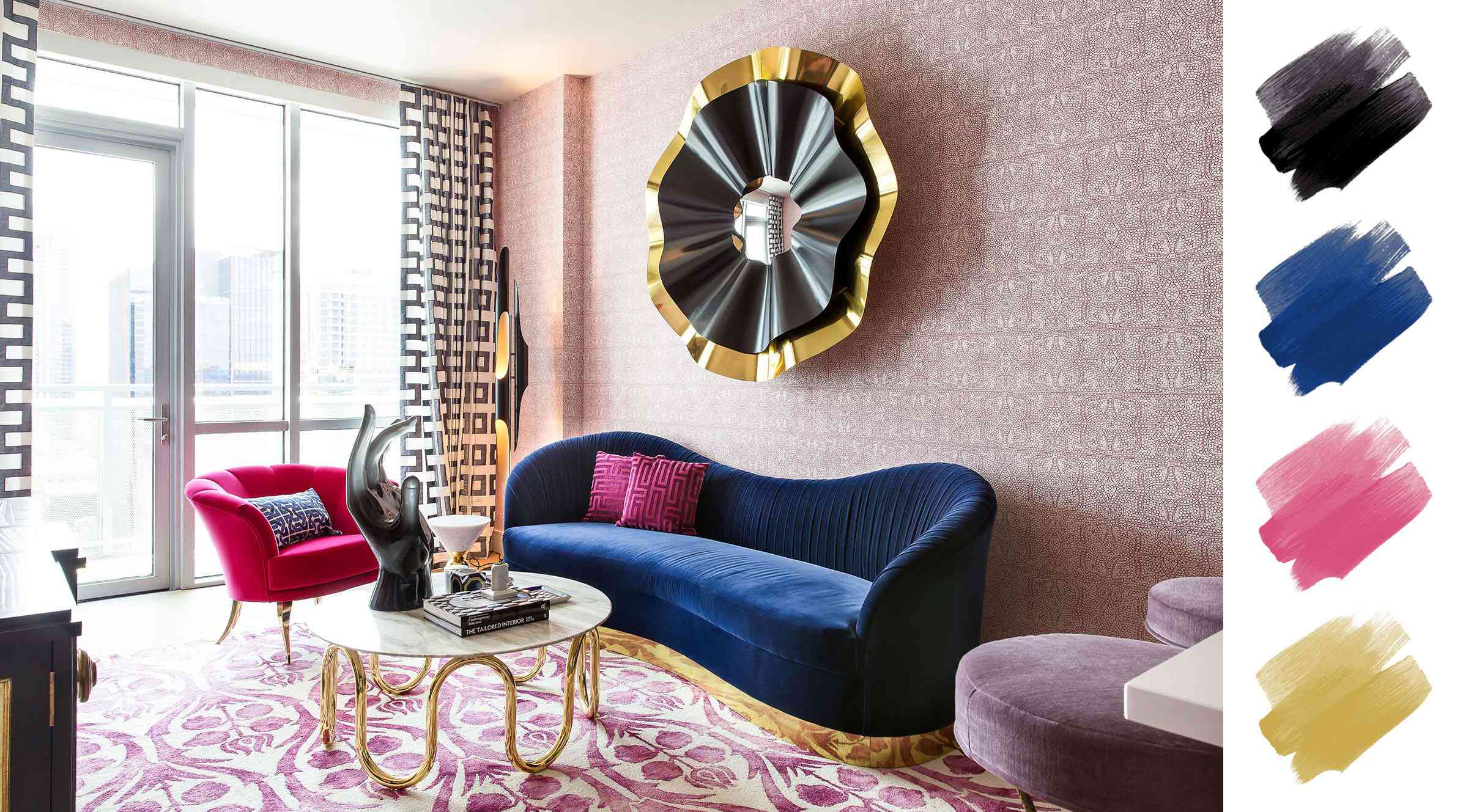 客厅颜色方案 - 黑色，海军，紫红色，黄金