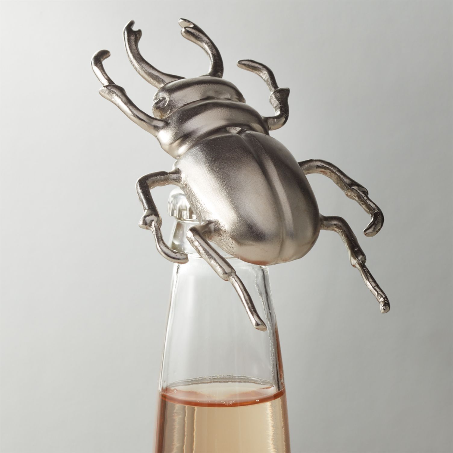 一个银色的甲虫形状的开瓶器打开了一个玻璃瓶。