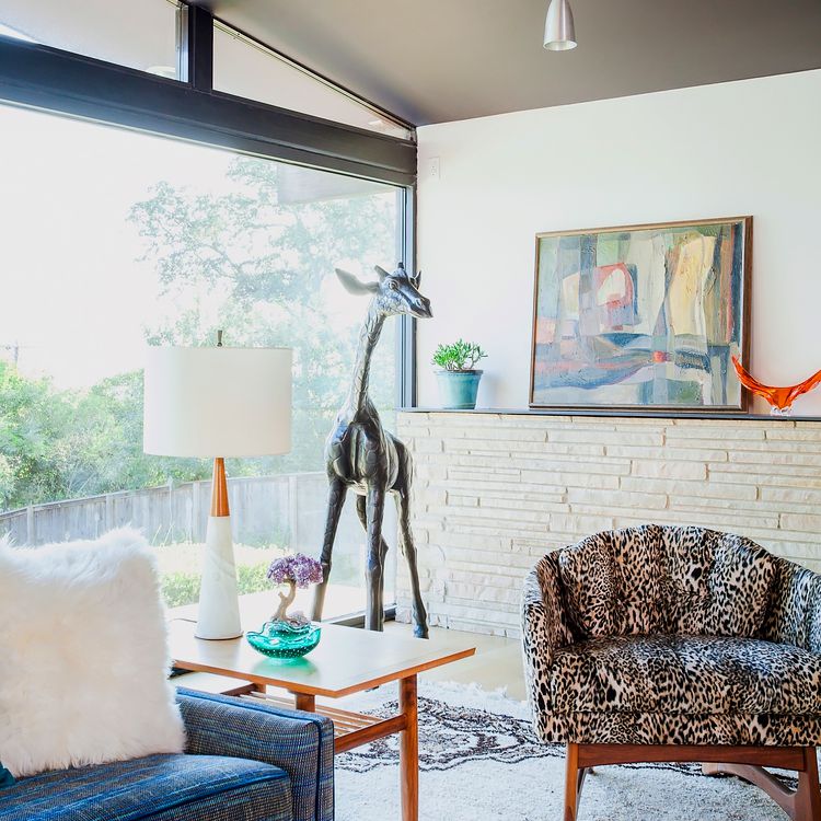 带家具的本世纪中叶的现代生活区在抽象和动物印花图案软垫。