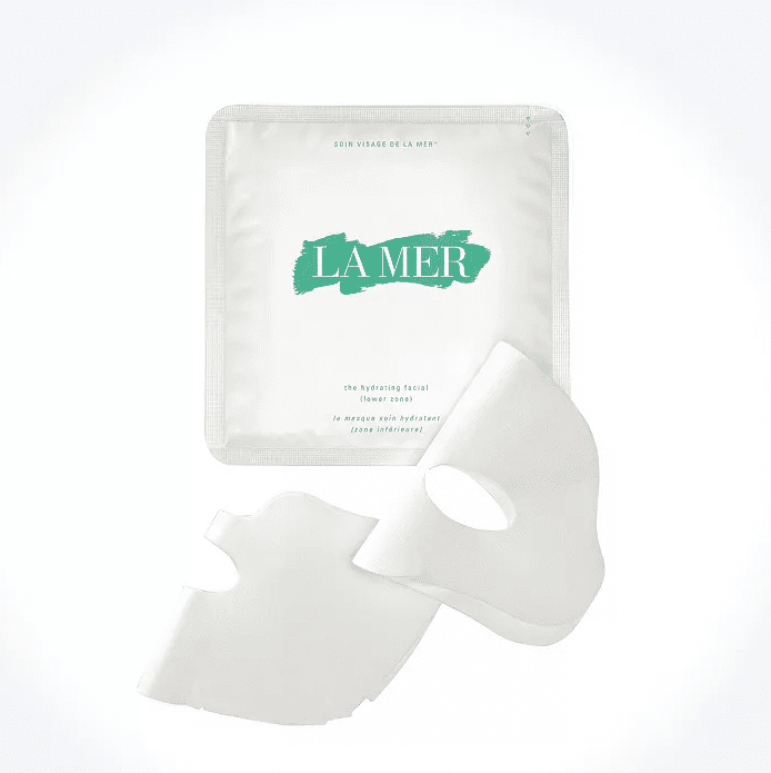 海蓝之谜片装面膜的包与绿色字体和海蓝之谜的标志。