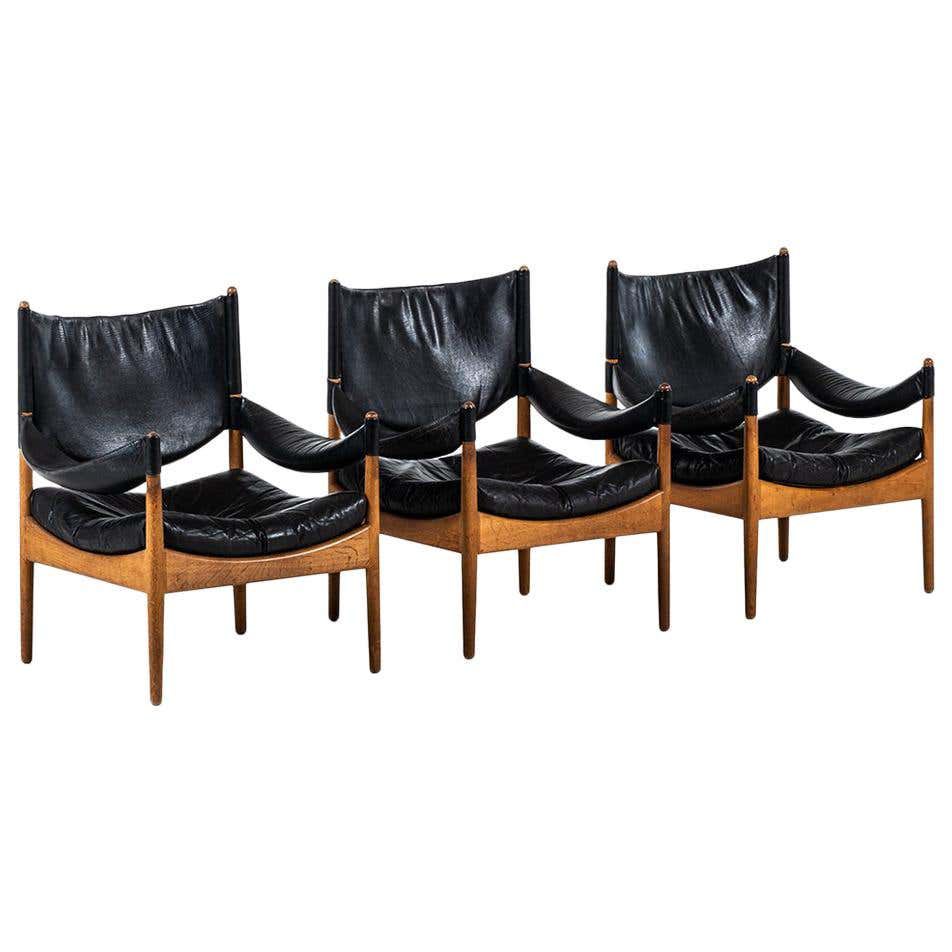一种索伦Willadsen本世纪中叶的现代休闲椅一套三个真皮和柚木克里斯蒂安·索尔默·韦德尔的。