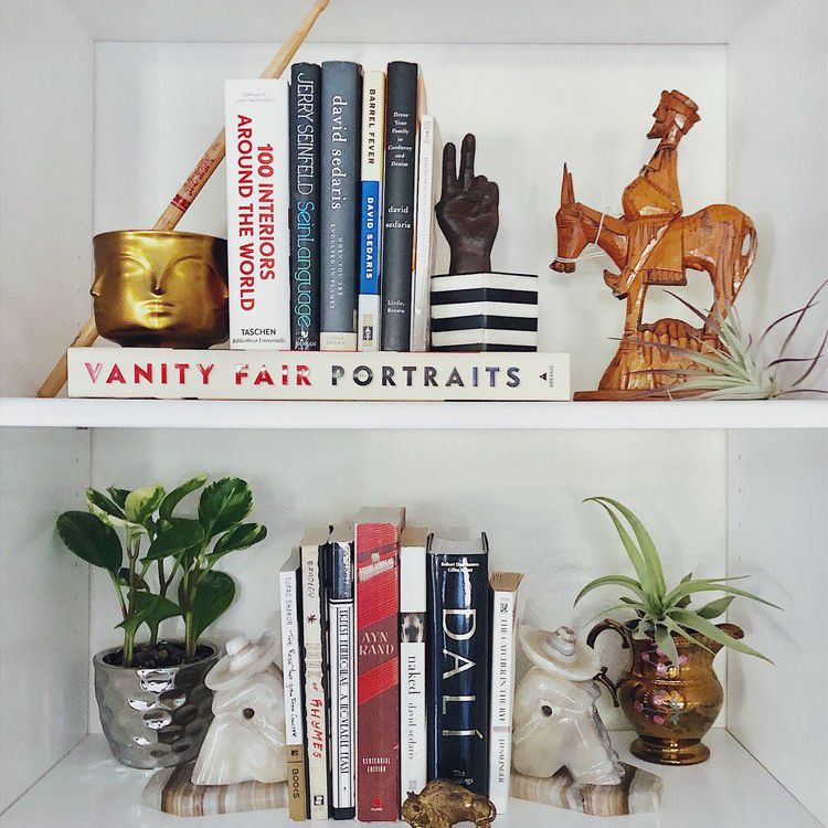 一种折衷的书架场景，包含有趣的奇数组装饰物品。