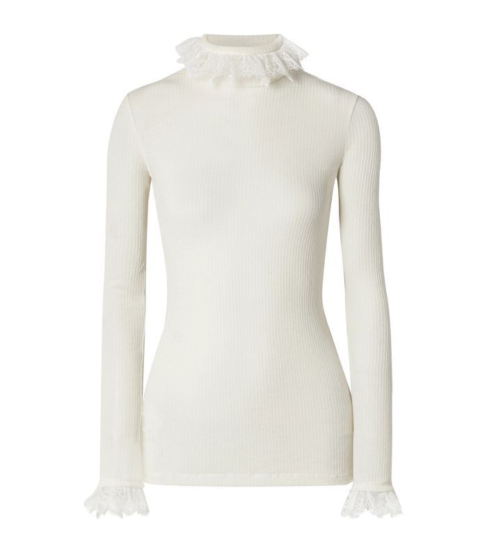 蕾丝边带肋羊毛混纺毛衣