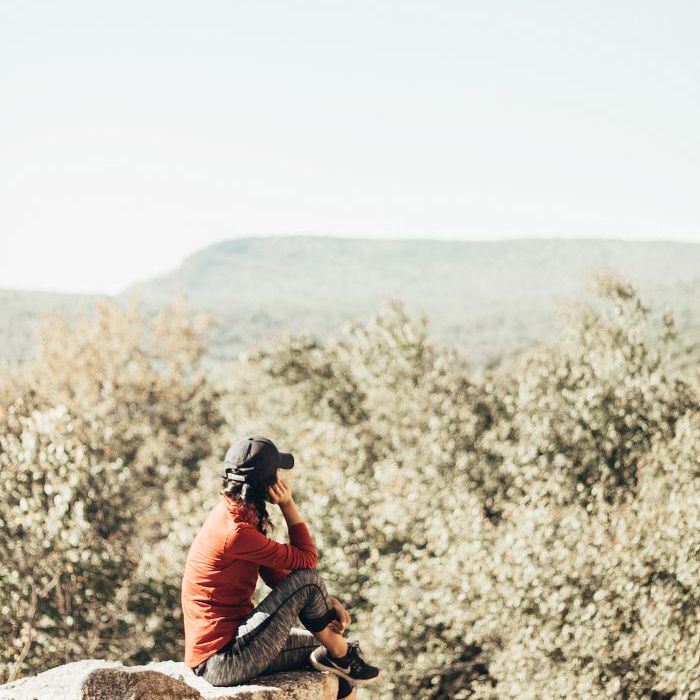 一个女人坐在一块岩石上俯瞰树，在Vista中往外看