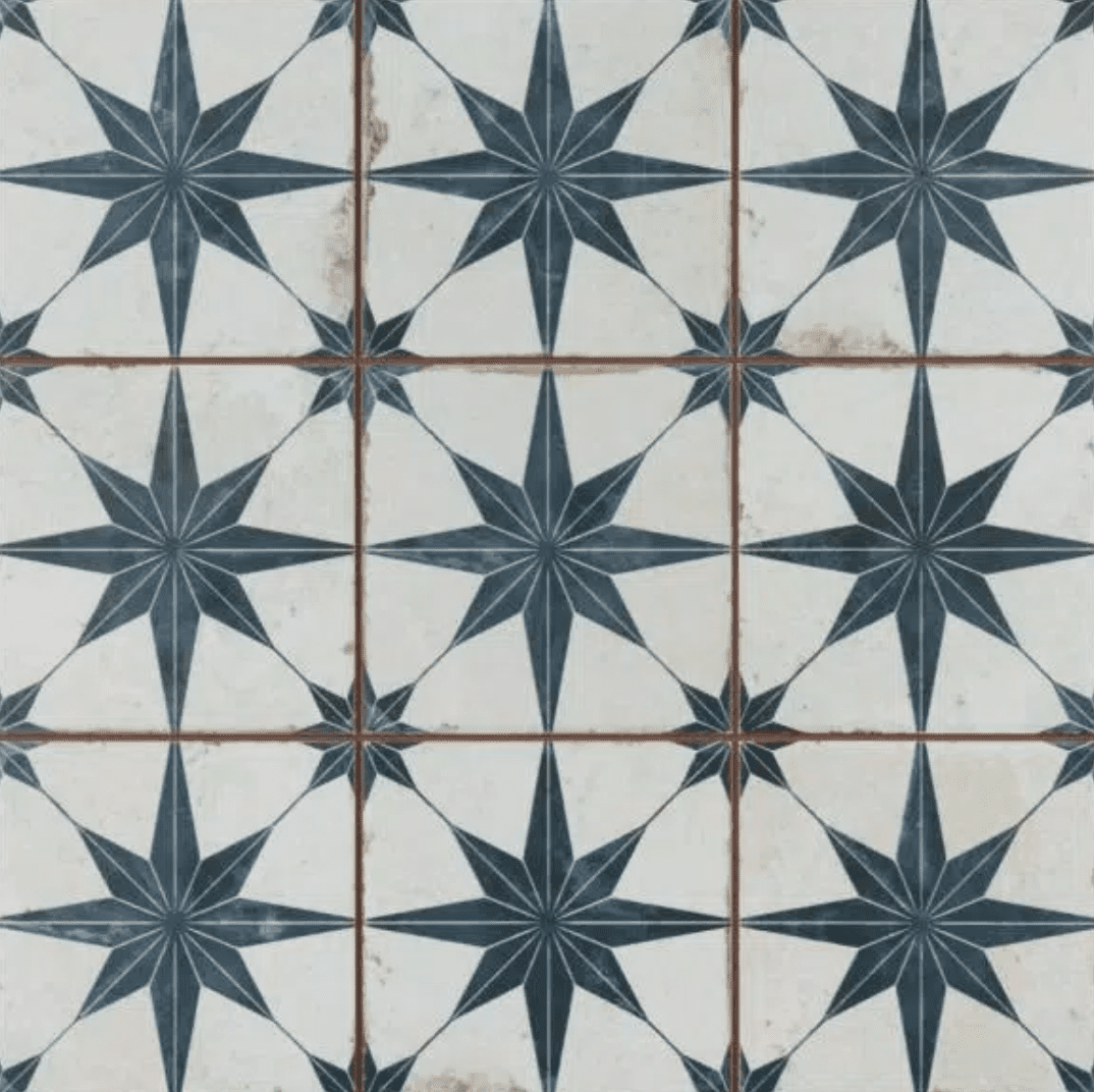 您可以在Home Depot购买的一系列蓝色和白色印刷瓷砖