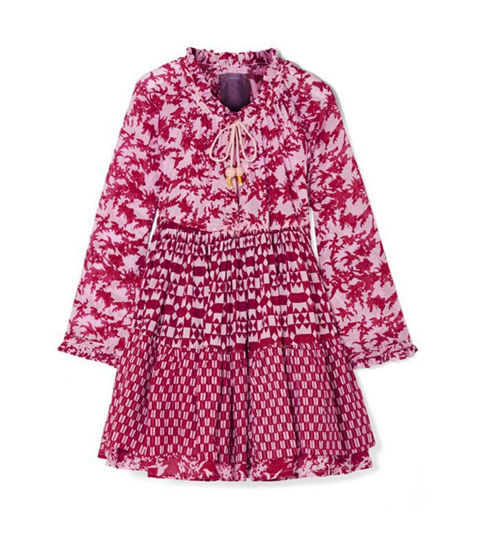 分层印花棉，纱迷你连衣裙