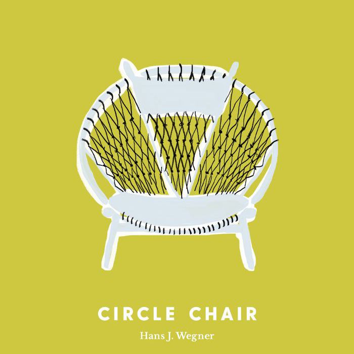 Hans Wegner在黄绿色背景上画的圆形椅子的线条。