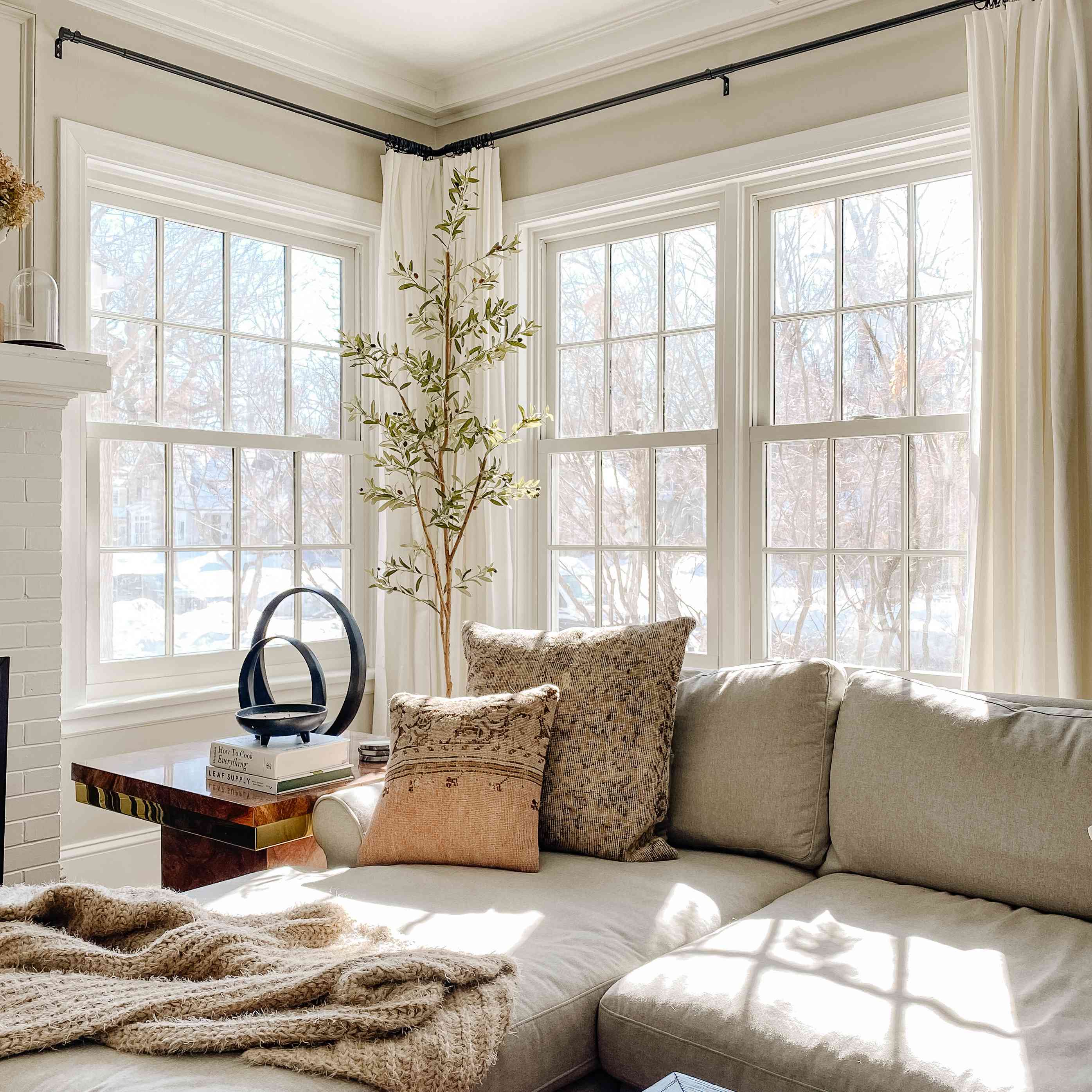 舒适的中性客厅有很多光。