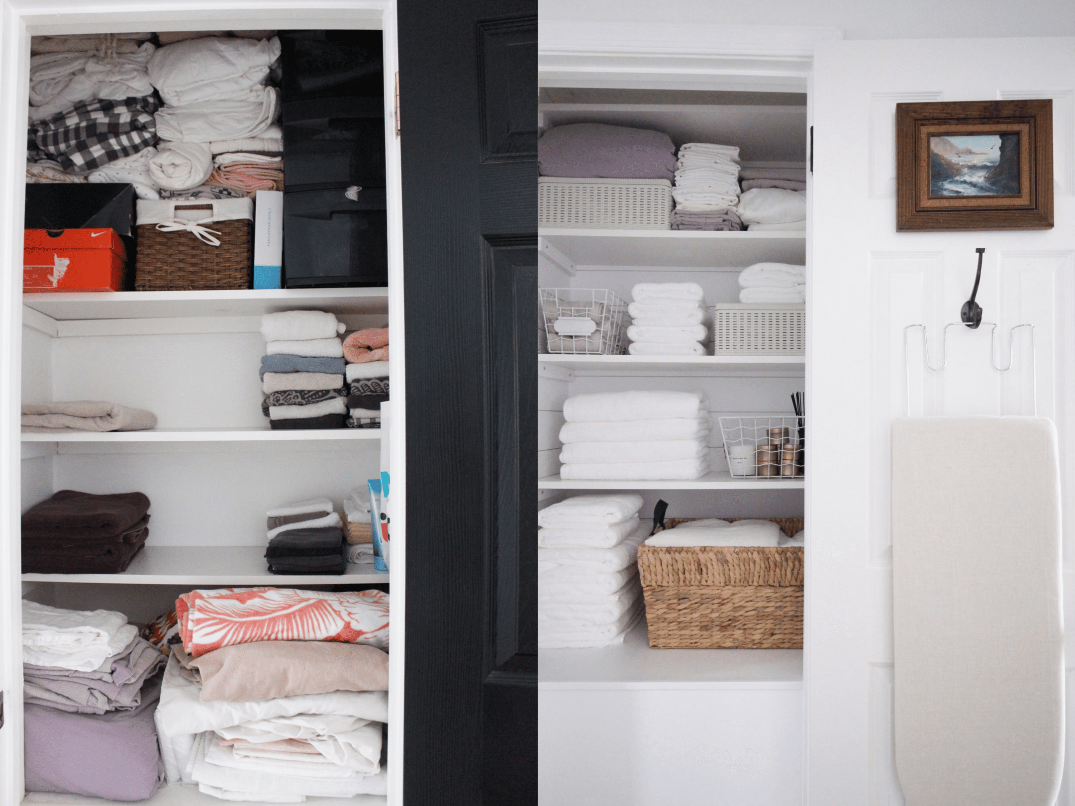 亚麻壁橱改造，涉及流线型亚麻布，重新绘制的门和艺术