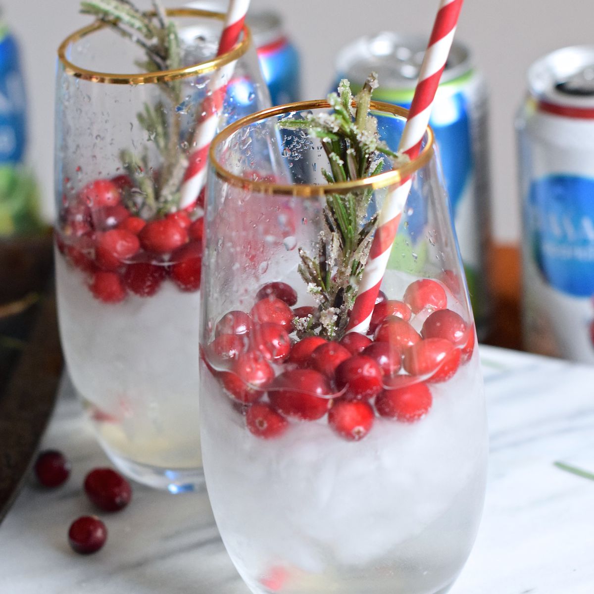 蔓越莓和杜松子酒鸡尾酒在一个高大的玻璃与迷迭香和蔓越桔。