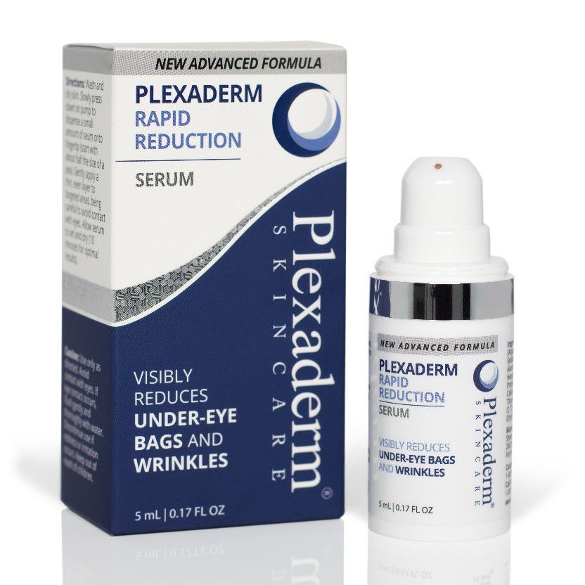 一盒用于眼袋和皱纹的丛状erm快速减少血清，旁边是一个泵霜。