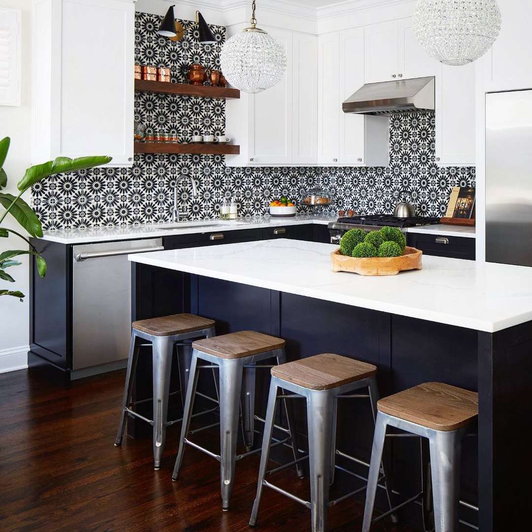 海军蓝厨房，有图案的后挡板