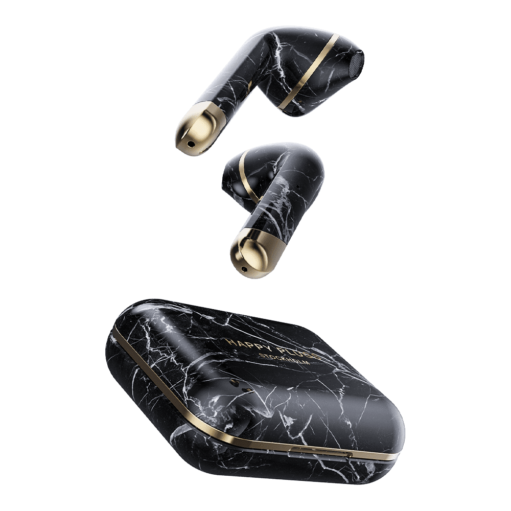 一对耳塞和配套的黑色大理石耳套。