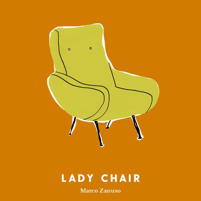 由Marco Zanuso在橙色背景上画的绿色女士椅。
