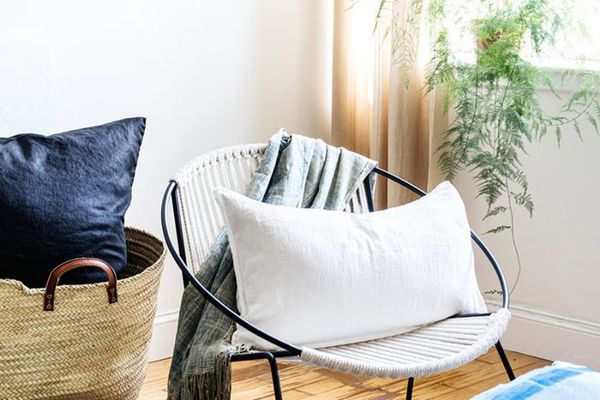 现代客厅，有边椅，抱枕，和一盆室内植物