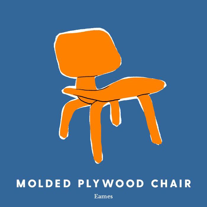 蓝色背景上橙色埃姆斯模压胶合板椅子的线条画。