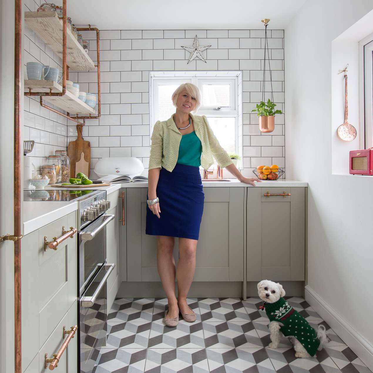 玛克辛在她的厨房和狗和悬挂的植物。