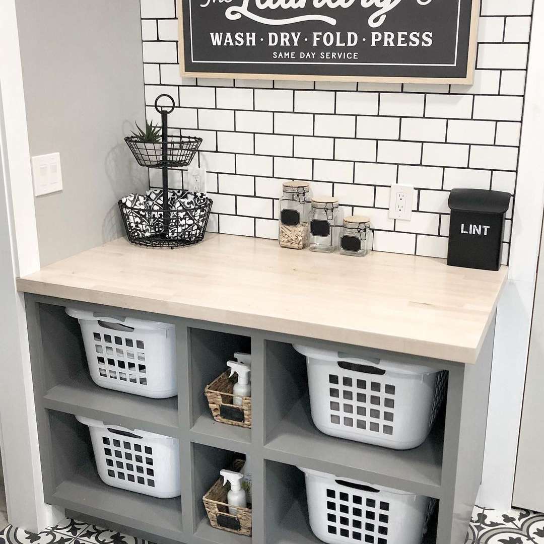 Laundry room with shelves and baskets