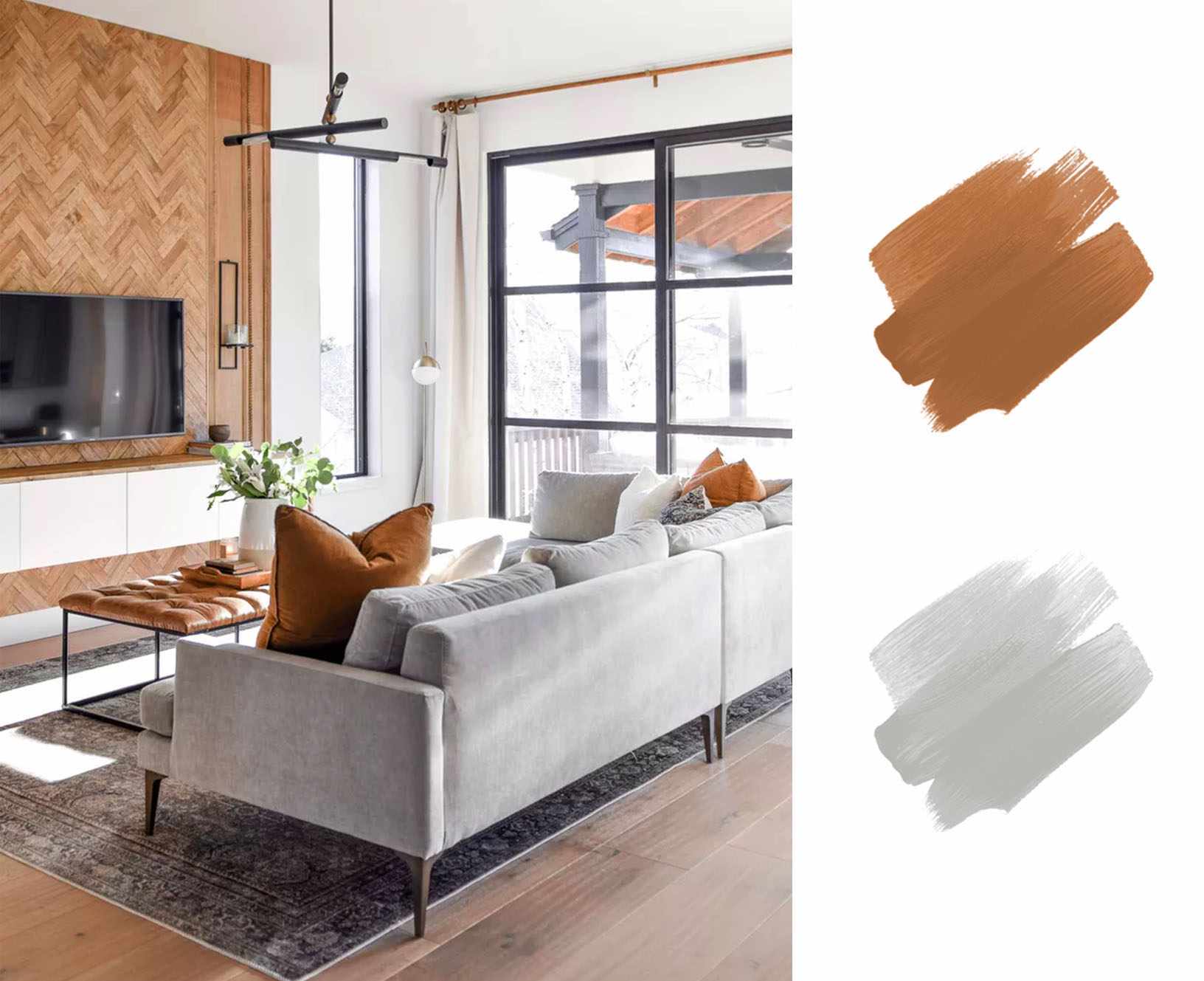 最好的大地色调的调色板-烧橙色和灰色的客厅