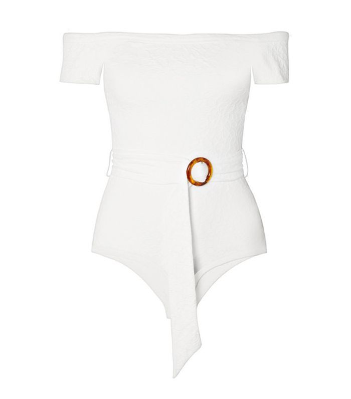 场外的肩束带提花针织泳装