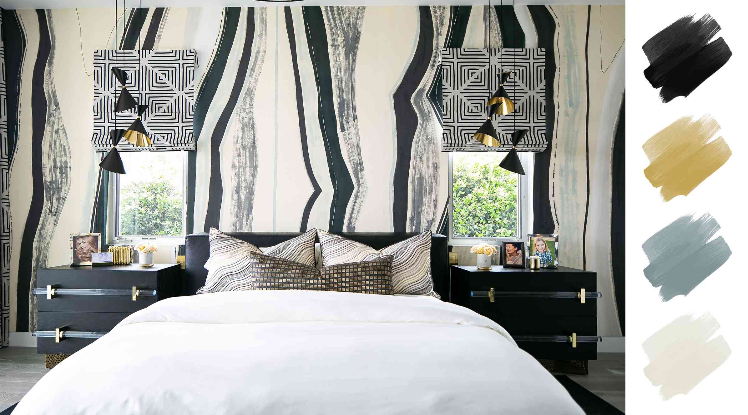 卧室的配色方案——黑色、白色和黄铜