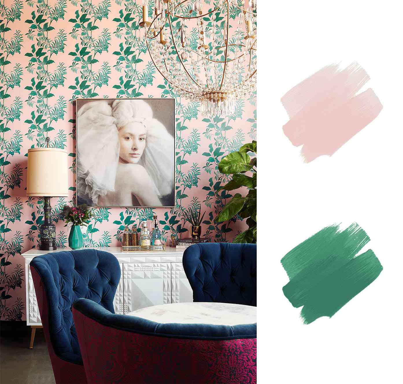 最好的室内颜色方案 - 粉红色和绿色