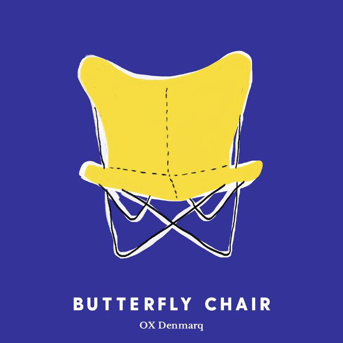 由OX Denmarq在蓝色背景上用线条画出的黄色臀部椅。