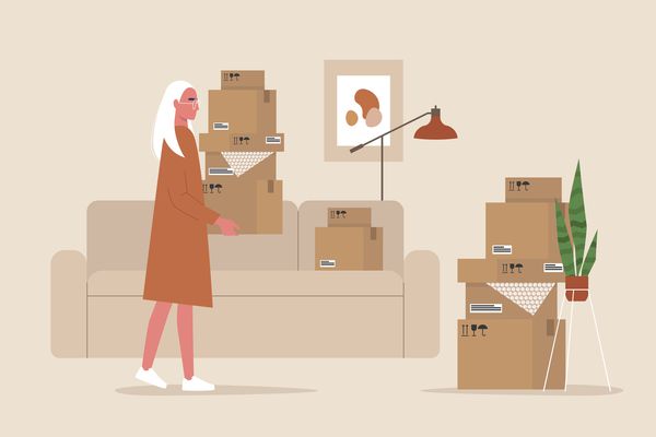 cartoon of a woman packing up her apartment