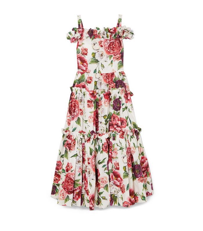 冷肩碎花印花棉长裙